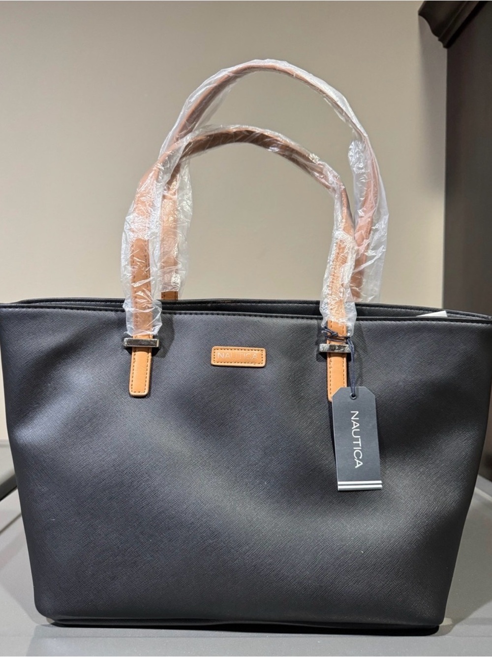 NWT Nautica Signals Black Vegan Leather Tote Shoulder Bag Gold Logo